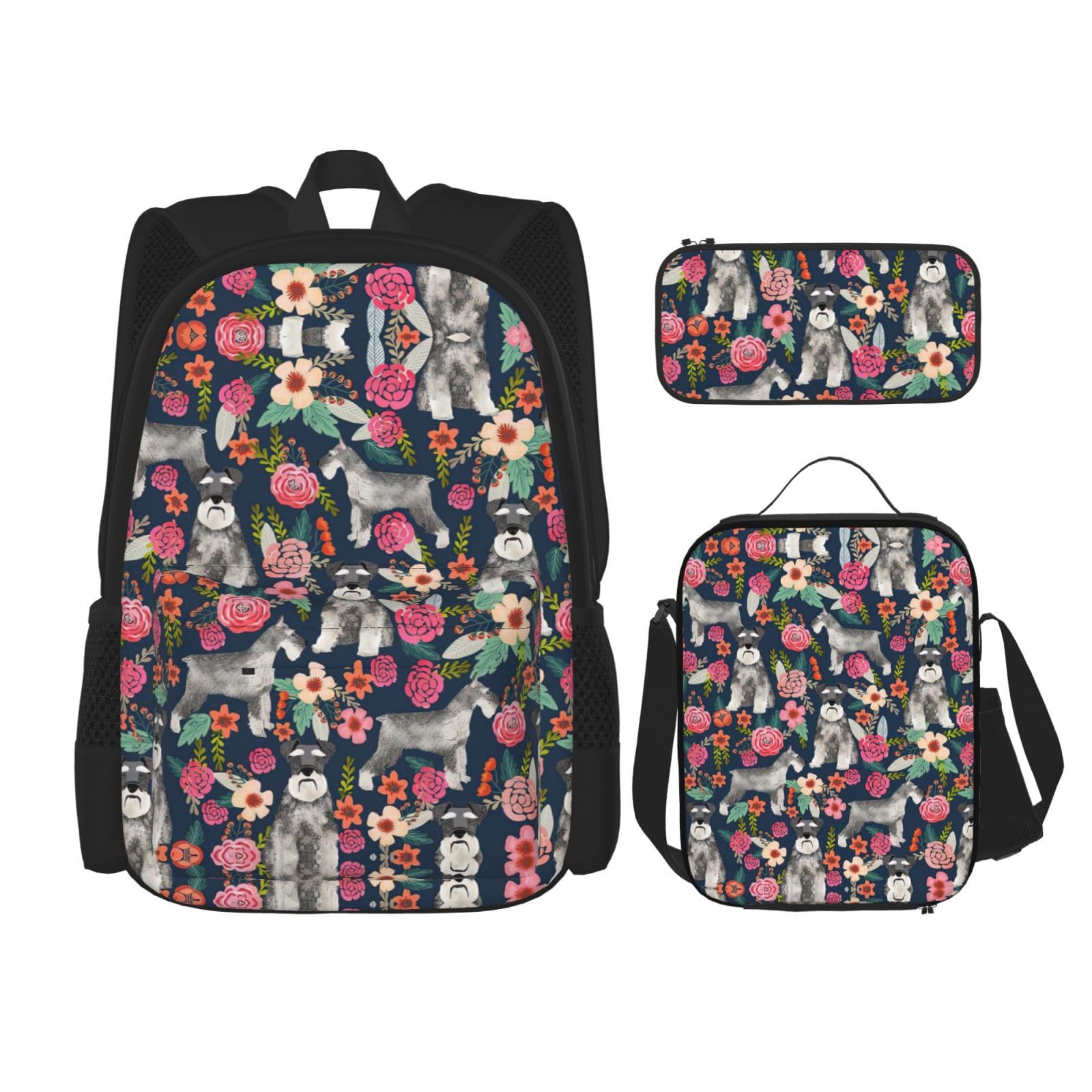 WURTON Schnauzer Print Lunchbox Federmäppchen Rucksack Set 3-teilig Verstellbare Träger Langlebig Leicht, Schwarz, One Size