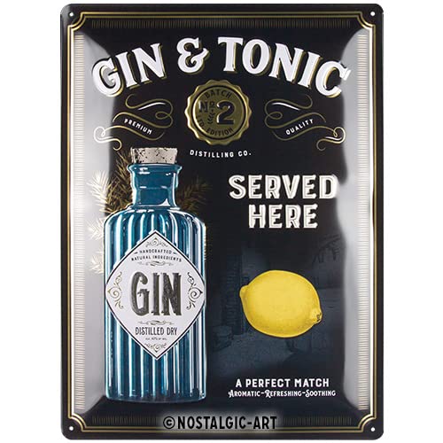 Nostalgic-Art Gin & Tonic Served Here - Special Edition Blechschild, Metall, Gold, Schwarz, 30x40 cm