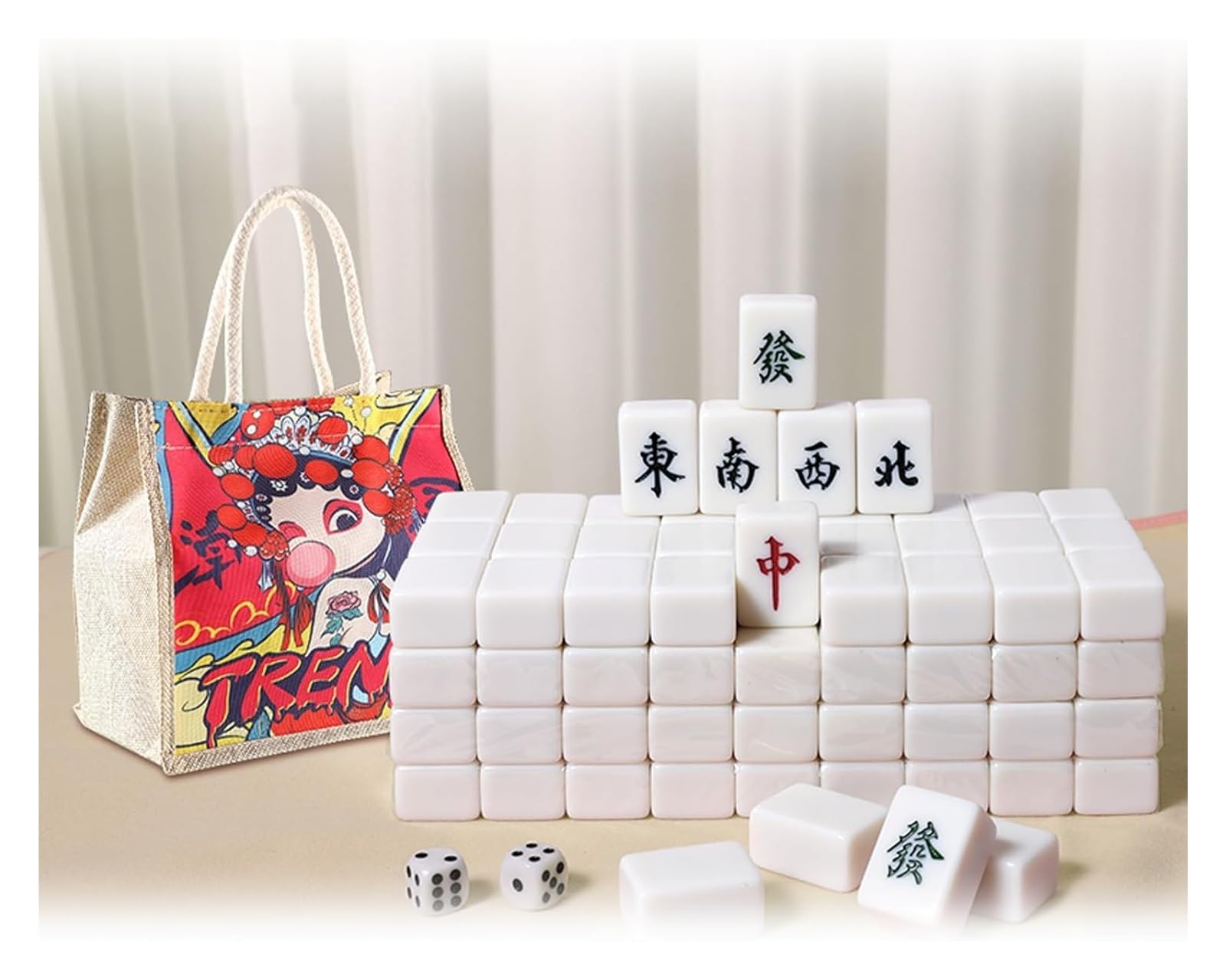 BFVAKBKYT Chinesisch Majong Set, Mittlere Mahjong-Steine ​​* 144, massives Melamin, mit Aufbewahrungstasche aus Oxford-Stoff im Peking-Opern-Stil + Tischdecke, 30 * 22 * ​​17 mm,(White)