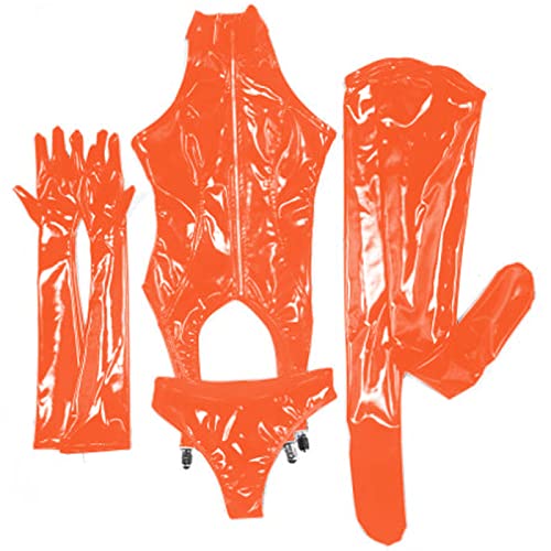 Ganze Latex-Outfits Gummi-Körperanzüge, Handschuhe, Strumpfhose, dickes Korsett & Slip & lange Fingerhandschuhe, Strumpfhose, Orange, S