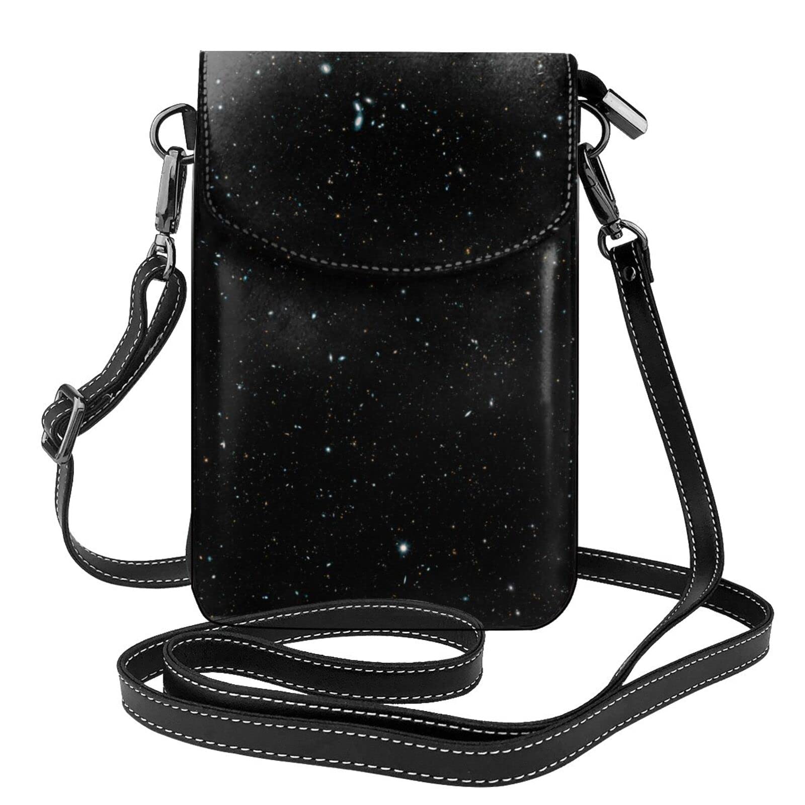 Dmorj Schwarze Glitzer-Handy-Geldbörse: >> Kleine Umhängetasche aus Leder für Damen, Schultergurte, Tasche mit Kreditkartenfächern, 19 x 7,3 cm, Schwarz , Einheitsgröße