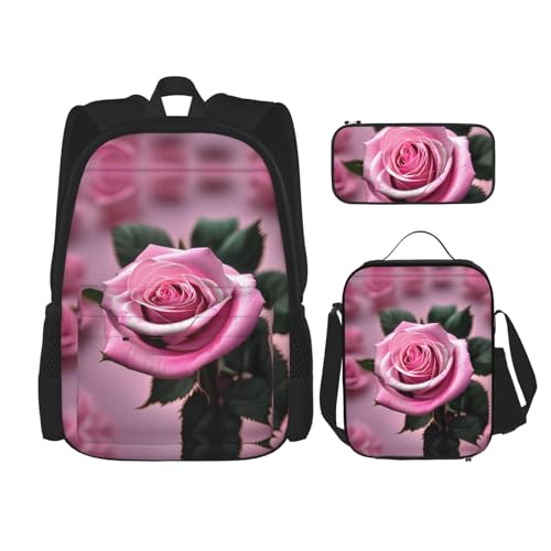 YQxwJL 3-in-1-Rucksack-Büchertaschen-Set, Motiv: rosa Pudel und Hunde, lässiger Reiserucksack, mit Federmäppchen, Lunchtasche, Rosa und Rosa, Einheitsgröße