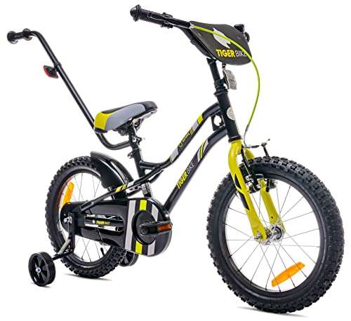 sun baby Kinderfahrrad 16 Zoll Jungen Tiger Bike Leicht Stützräder mit Schubstange ab 2-6 Jahre BMX Fahrrad Kinder (Grün, 16 Zoll)