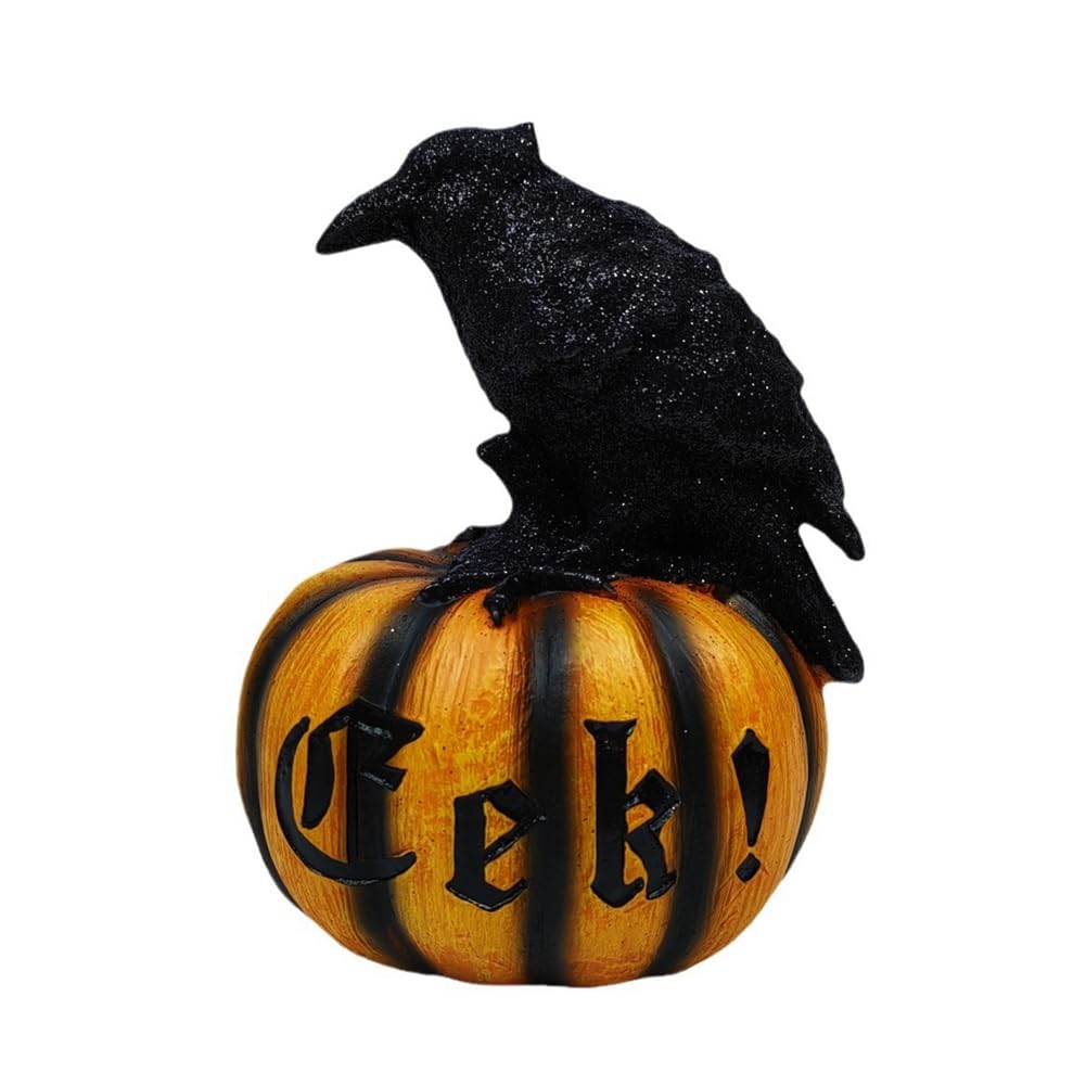 Yeihhtuk Halloween Krähe Kürbis Figur Schwarz Rabe Kürbis Harz Statue Skulptur Home Desktop Dekoration Ornament