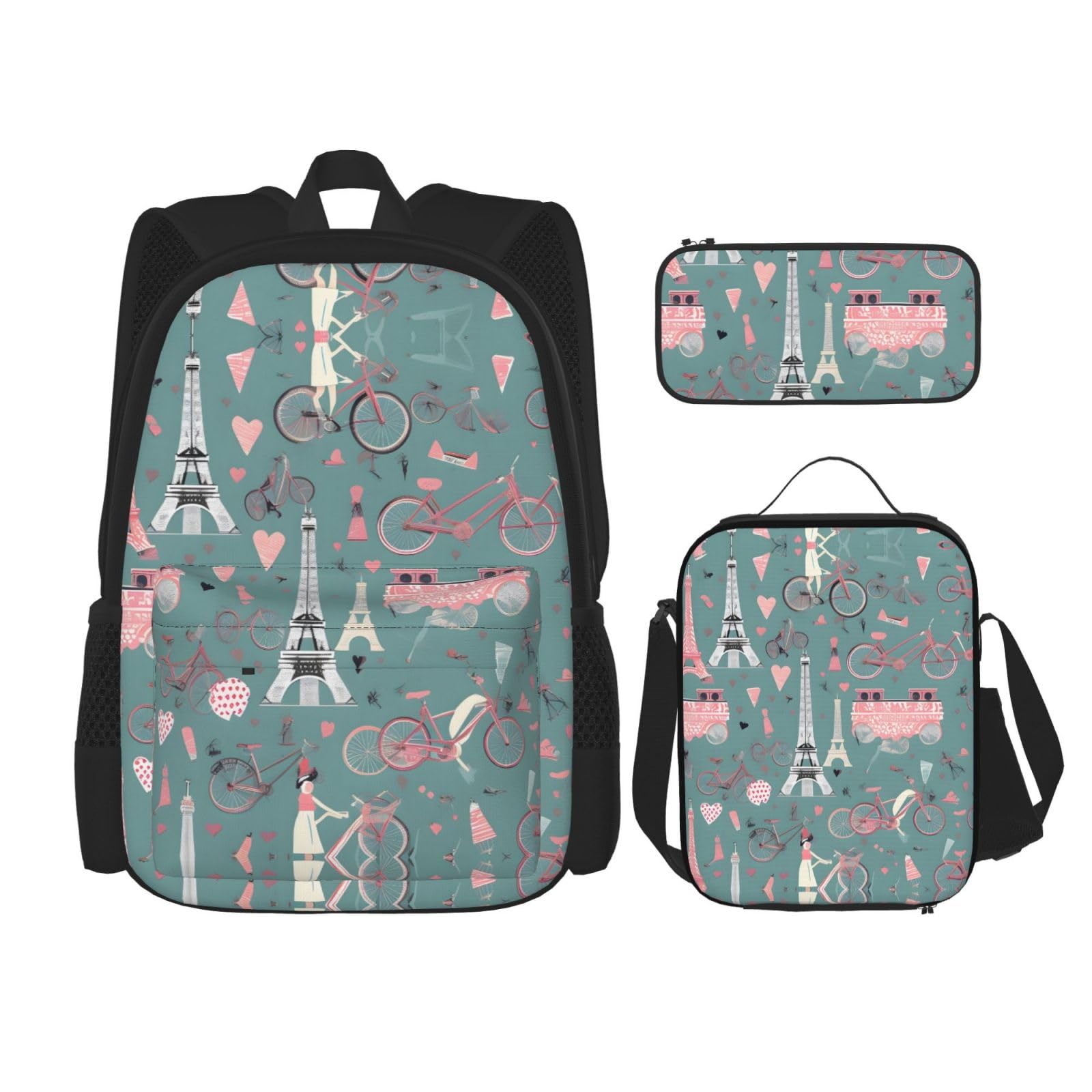 WURTON Romantische Paris Eiffelturm Fahrrad Druck Lunchbox Federmäppchen Rucksack Set 3 Stück Verstellbare Träger Langlebig Leicht, Schwarz, One Size