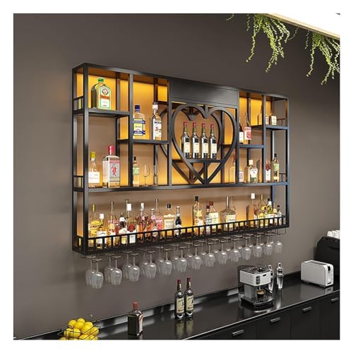 BFVAKBKYT Hängende industrielle runde Weinregale, An der Wand montiertes Weinregal mit LED-Licht, Weinlagerregal for Zuhause, Restaurant, Weinkeller(Black,150x20x120cm)