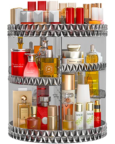 Makeup Organizer 360° Drehbar, Acryl 6 Lagen Kosmetik Organizer mit Großem Fassungsvermögen, Famitree Badezimmer Organizer, passend für Kosmetik, Lippenstift, Parfüm, Schminktisch, Badezimmer(Grau)