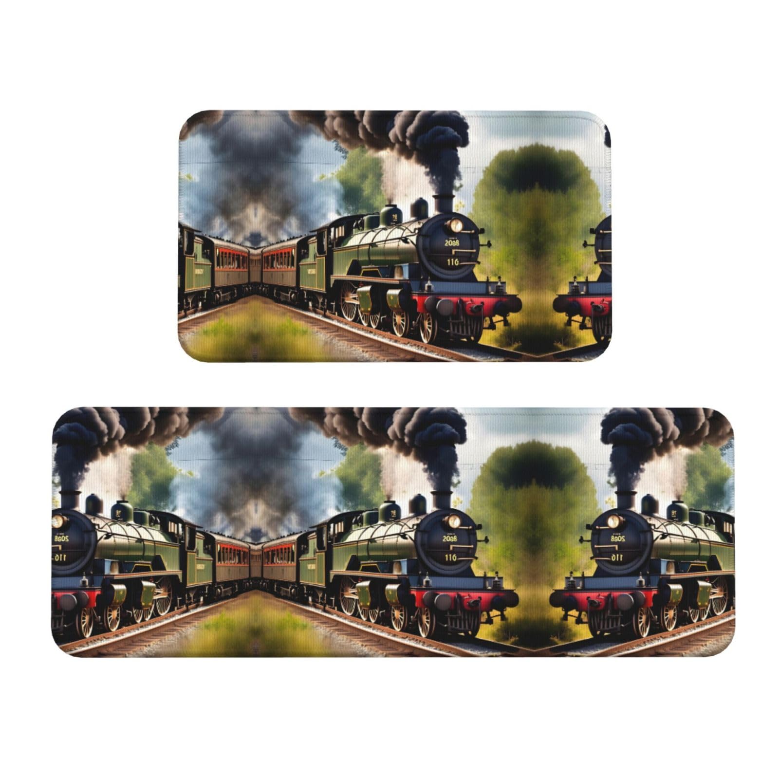 YQxwJL Steam Little Train Print Küchenteppiche, rutschfeste Küchenmatte, 2er-Set, bequeme Stehbodenmatten für Küche, Büro