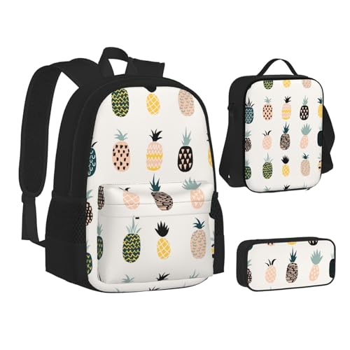 WURTON Lunchbox-Set mit Ananas-Druck, 3-in-1-Büchertasche und Federmäppchen, passende Kombination, Schwarz, Einheitsgröße