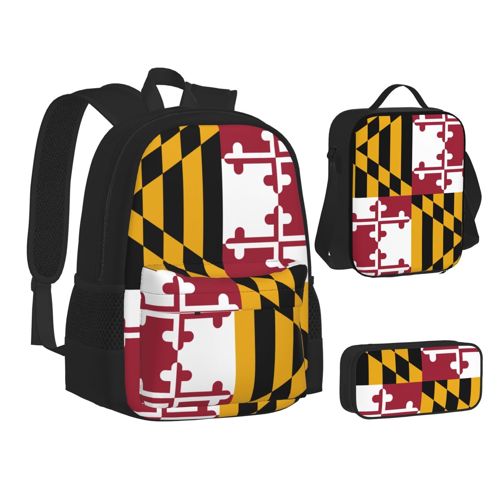 WURTON Maryland State Flag Print Rucksack Lunchbox-Set, 3-in-1 Rucksack und Federmäppchen, passende Kombination, Schwarz, Einheitsgröße