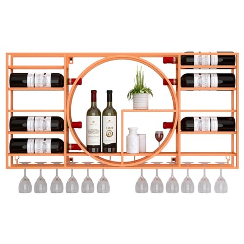 Hängende industrielle runde Weinregale, Weinhalter aus Eisen, moderner multifunktionaler Weinhalter aus Metall for die Küche, das Zuhause, die Bar oder das Café(Orange,110x62x11cm/43x24x4.3in)