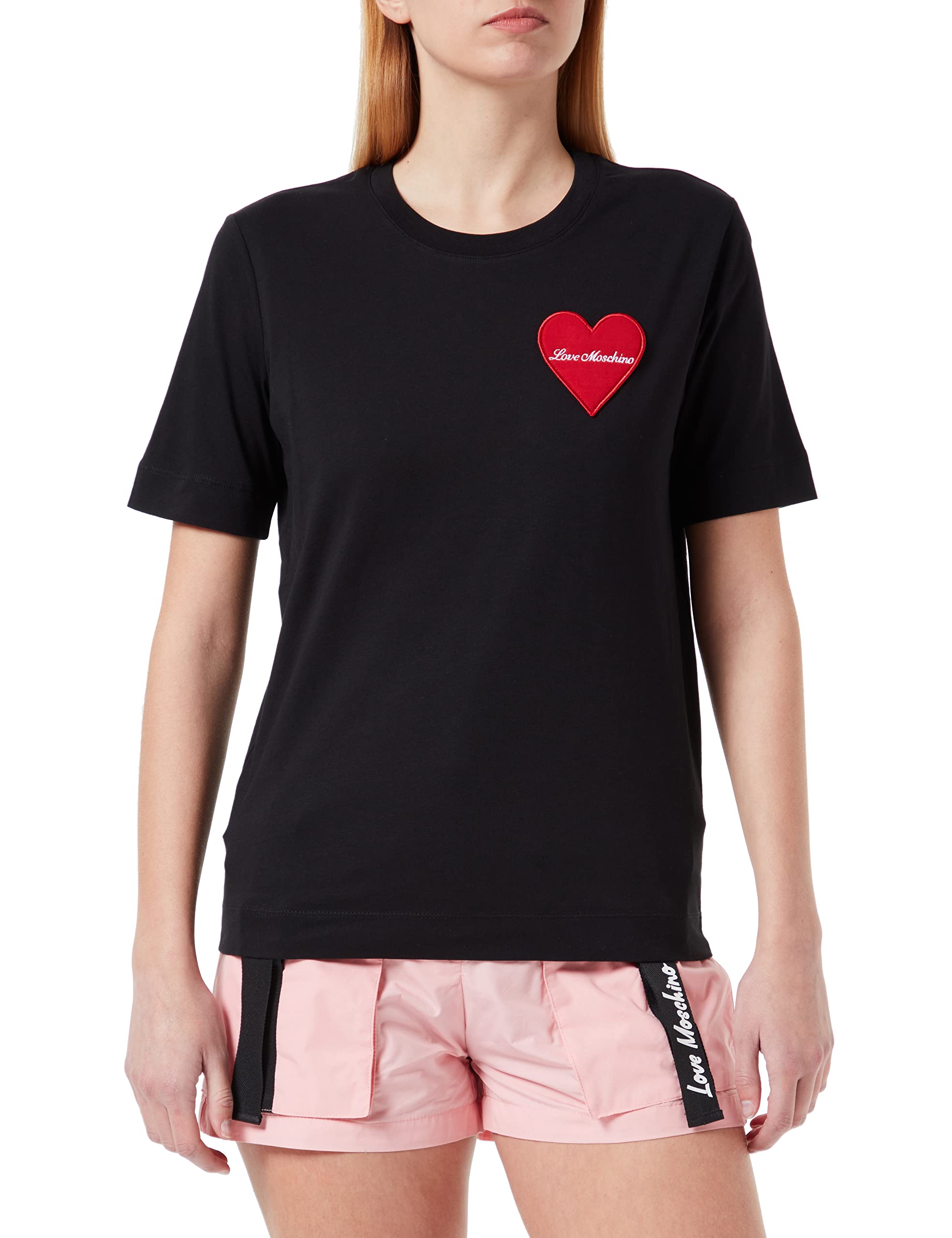 Love Moschino Damen T-Shirt mit Brand Heart Patch, Schwarz, 36