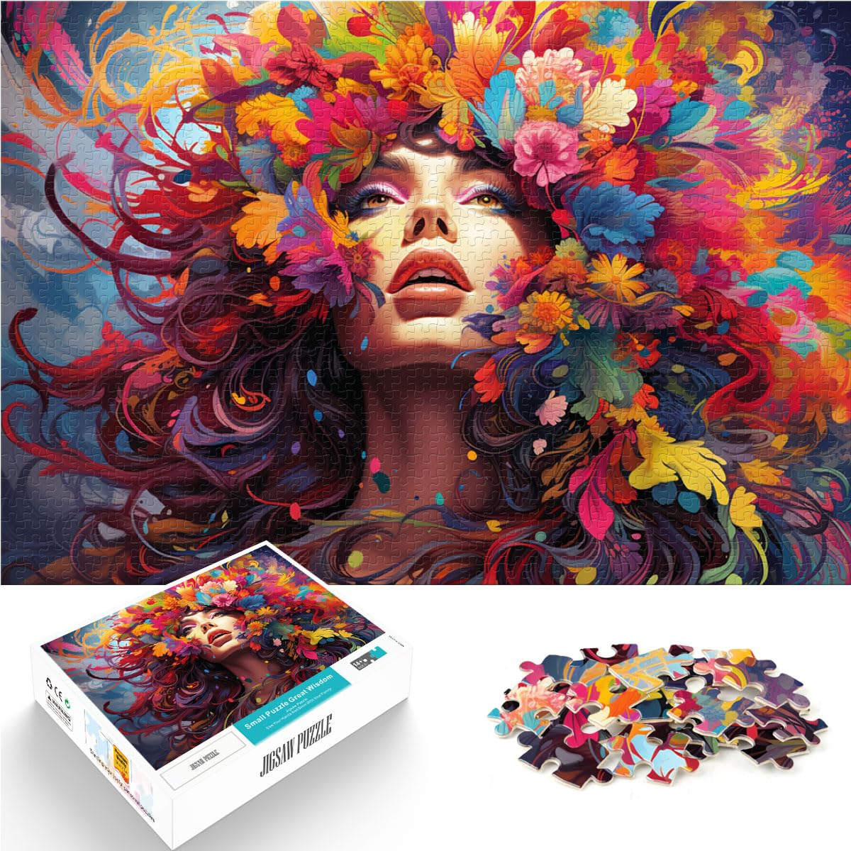 Puzzles, Lernspiele, farbenfrohe psychedelische Kunst, Blumenfrau, Puzzles 1000 Teile für Erwachsene, Holzpuzzle, Spielzeug, Wanddekoration, 1000 Teile (50 x 75 cm)