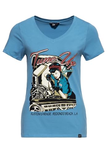 Queen Kerosin Damen Kurzarm T-Shirt V Ausschnitt Tune Up Print Slim Fit Tune Up