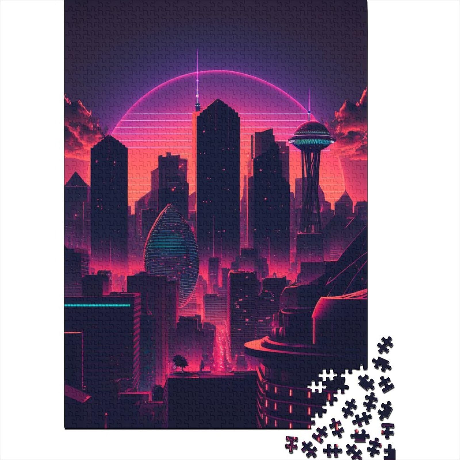 Synthwave City Puzzle für Erwachsene und Teenager, 1000-teiliges Puzzle für Erwachsene und Teenager, Lernspielzeug, Familienspiele, 75 x 50 cm