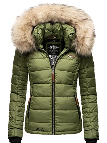 MARIKOO Damen Winterjacke Steppjacke mit abnehmbarem Kunstfell Lerikaa Olive Gr. M