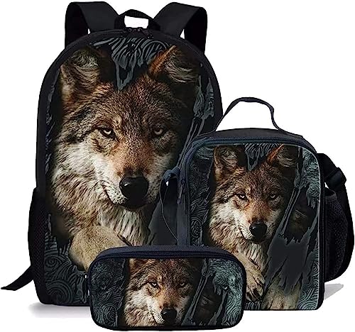 Wolf Schulranzen Set für Jungen Mädchen,3er Pack Schulrucksack Lässiger Tagesrucksack,Grundstufe Kinder Kinder Isolierte Brotdose,Bleistiftetui (A12,12.6inx5.5inx17in)