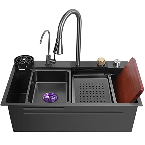 Küchenspüle,Neue Edelstahl Wasserfall Spüle,Drop In Single Bowl Workstation Spüle,Mit Cup Washer Spülen (Color : Black, S : 68x46cm)