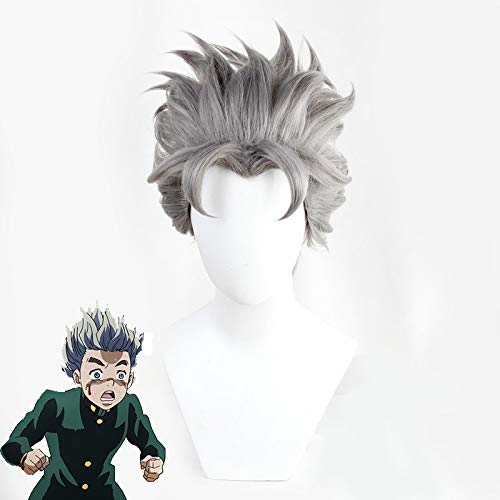 LINLINCD Cosplay wig JOJOs bizarres Abenteuer Koichi Hirose Graue kurze Cosplay Perücken Hitzebeständige synthetische Haarperücke für Karneval Halloween Party