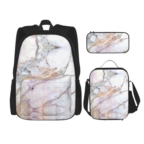 WURTON Rosa Weiß Marmor Muster Druck Reise Lunchbox Federmäppchen Rucksack Set 3 Stück Verstellbare Träger Leicht, Schwarz, Einheitsgröße, Schwarz , Einheitsgröße