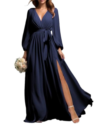 Prom Langarm Brautjungfer Kleider mit Schlitz für Frauen Chiffon V-Ausschnitt Formale Abendkleid, navy, 44