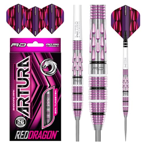 RED DRAGON Artura Shocking Rosa 26 Gramm Premium Tungsten Darts Set mit Flights und Stielen