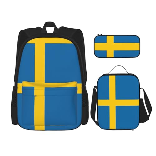 WURTON 3-in-1-Set mit schwedischer Flagge, lässig, verstellbar, Schulter-Rucksack, Lunch-Tasche, Federmäppchen, Beutel, Schwarz, Einheitsgröße