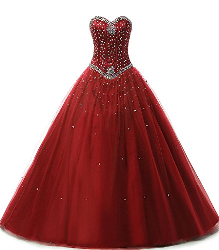 Zorayi Damen Elegante Tüll Lange Kristall Perlen Ballkleid Abschlussballkleid Festkleider Burgund Größe 46