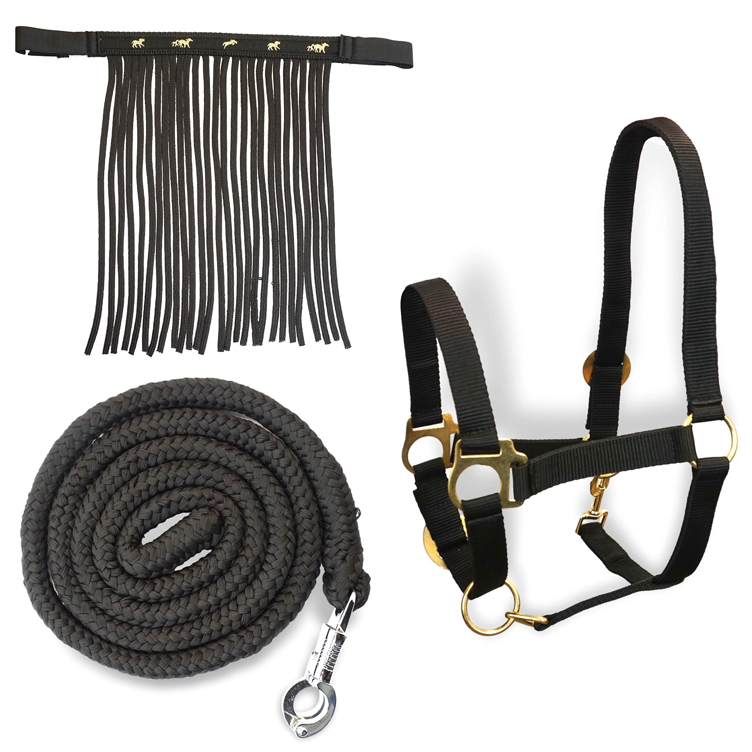 Halfter für Pferde mit Führstrick & Fliegenfransen Pferd, Halfter mit Strick - Halfter Pony Shetty Halfter Cob Full Kb (Kaltblut (X-Full), Schwarz)