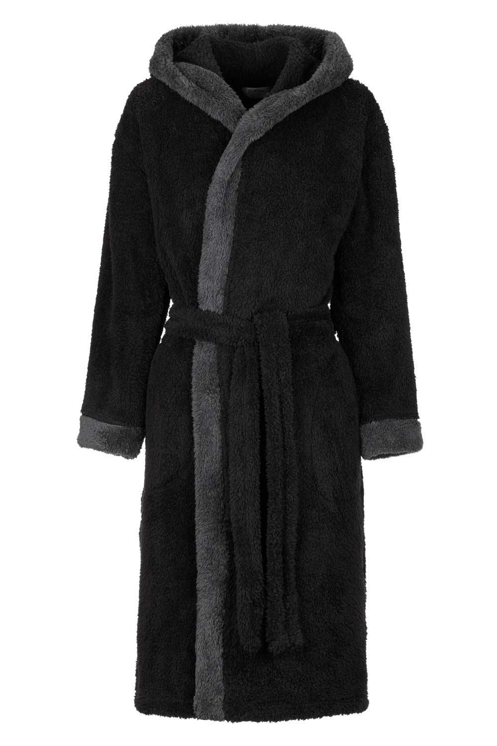 Di Ficchiano Unisex Herren Damen Bademantel mit Kapuze I Morgenmantel flauschig I Nachtwäsche aus edler Mikrofaser I Kimono Farbe: Black/Grey, Gr. S