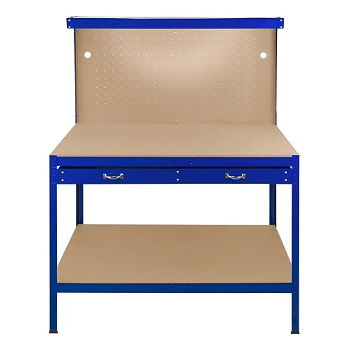 Werktisch Werkbank Arbeitstisch Blau Werkstatt Lochwand Stecktafel Schublade LED Licht DIY Holzwerkbank Werkzeugbank Werkstatteinrichtung Werkzeug Aufbewahrung 370kg Kapazität 40 Haken Gummihammer