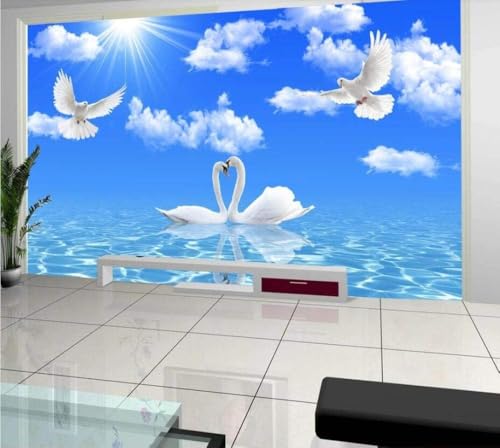 Blauer Himmel Weiße Wolken Schwäne 3D Tapete Poster Restaurant Schlafzimmer Wohnzimmer Sofa TV Dekorative Wand-400cm×280cm