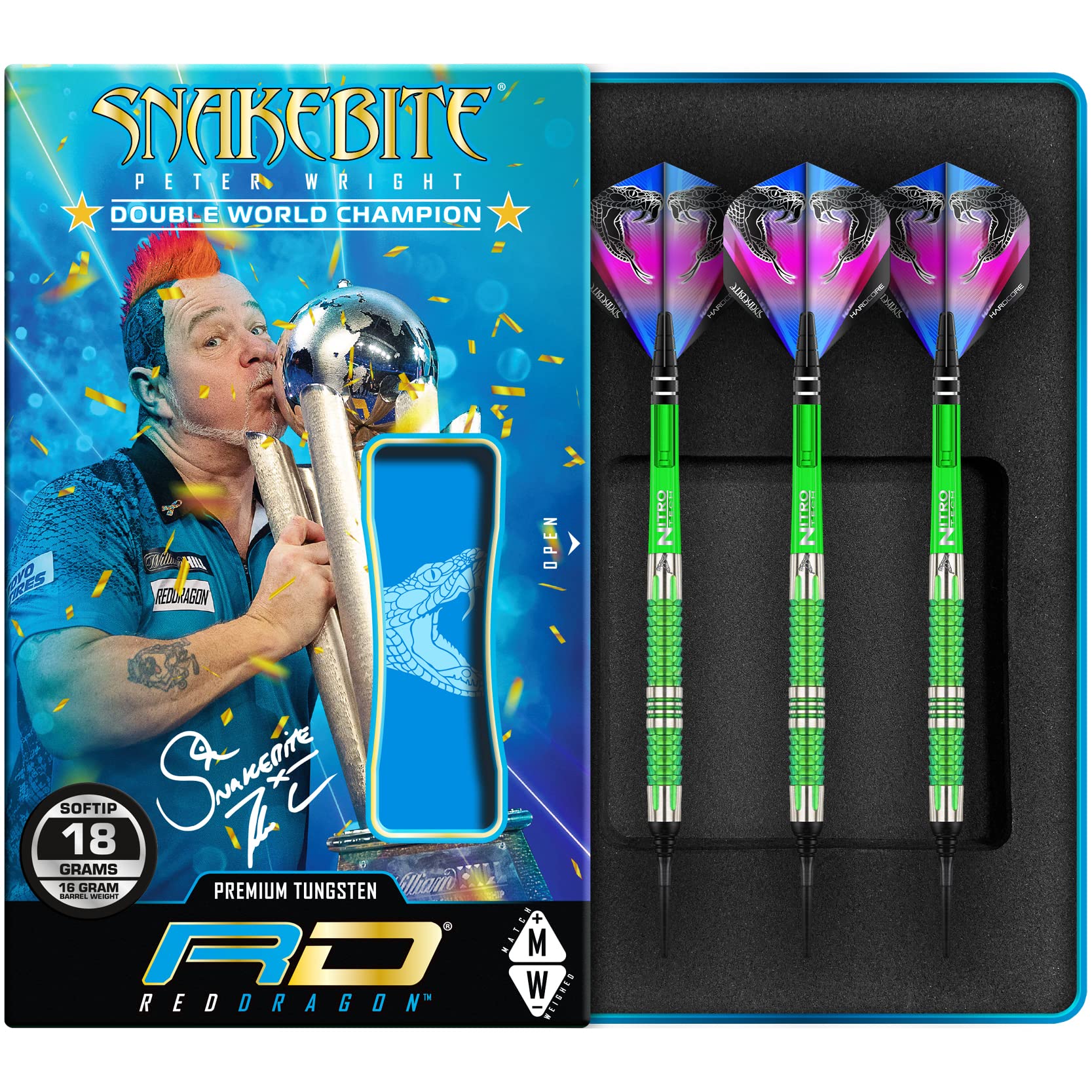 RED DRAGON Peter Wright Snakebite Mamba 2 Soft-Tip - 18g - 90% Tungsten Steel Dartpfeile mit Snakebite Flights, Schäfte Checkout Card