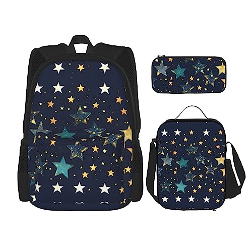 WURTON Stars Eastern Stars Print Reise Lunchbox Federmäppchen Rucksack Set 3 Stück Verstellbare Träger Leicht, Schwarz, Einheitsgröße