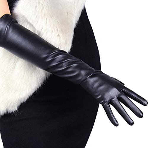 DooWay Mode Lange Lederhandschuhe Touchscreen Faux Lammfell Leder für Frauen Abend Kostüm Party Schwarz 50cm