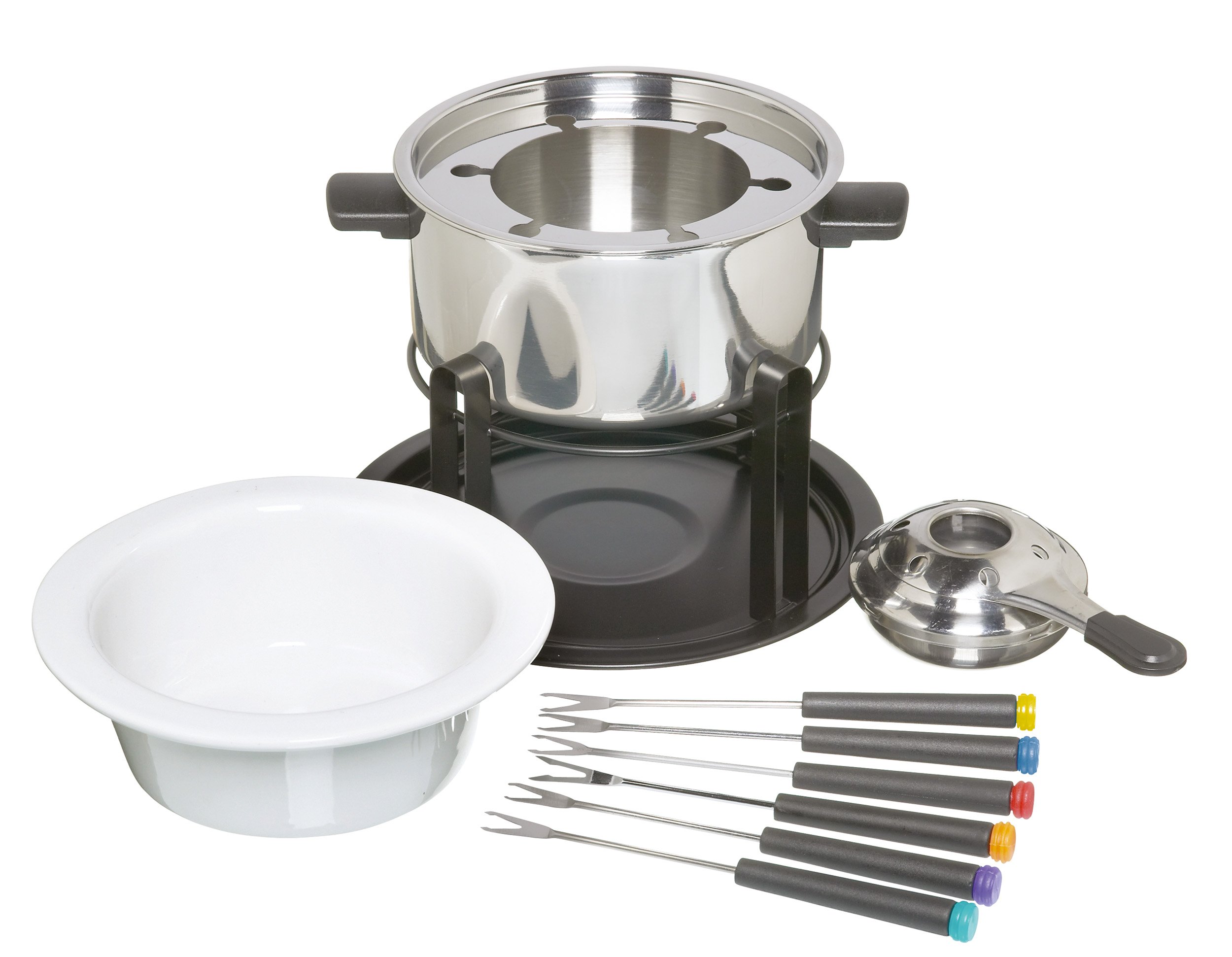 KitchenCraft 3-in-1 Fondue-Set mit farbcodierten Fondue-Gabeln (für Schokoladen-, Fleisch- und Käsefondue), Silber