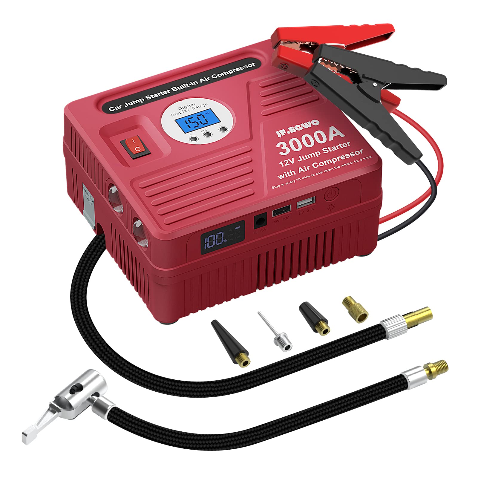 JF.EGWO Starthilfe Powerbank mit Kompressor, 3000A 26800mAh 150PSI 12V Auto Starter (10,0L Benzin und 9,0L Dieselmotoren), Starthilfekabel und Überbrückungskabel, Tragbare USB Ladegerät(ROT)