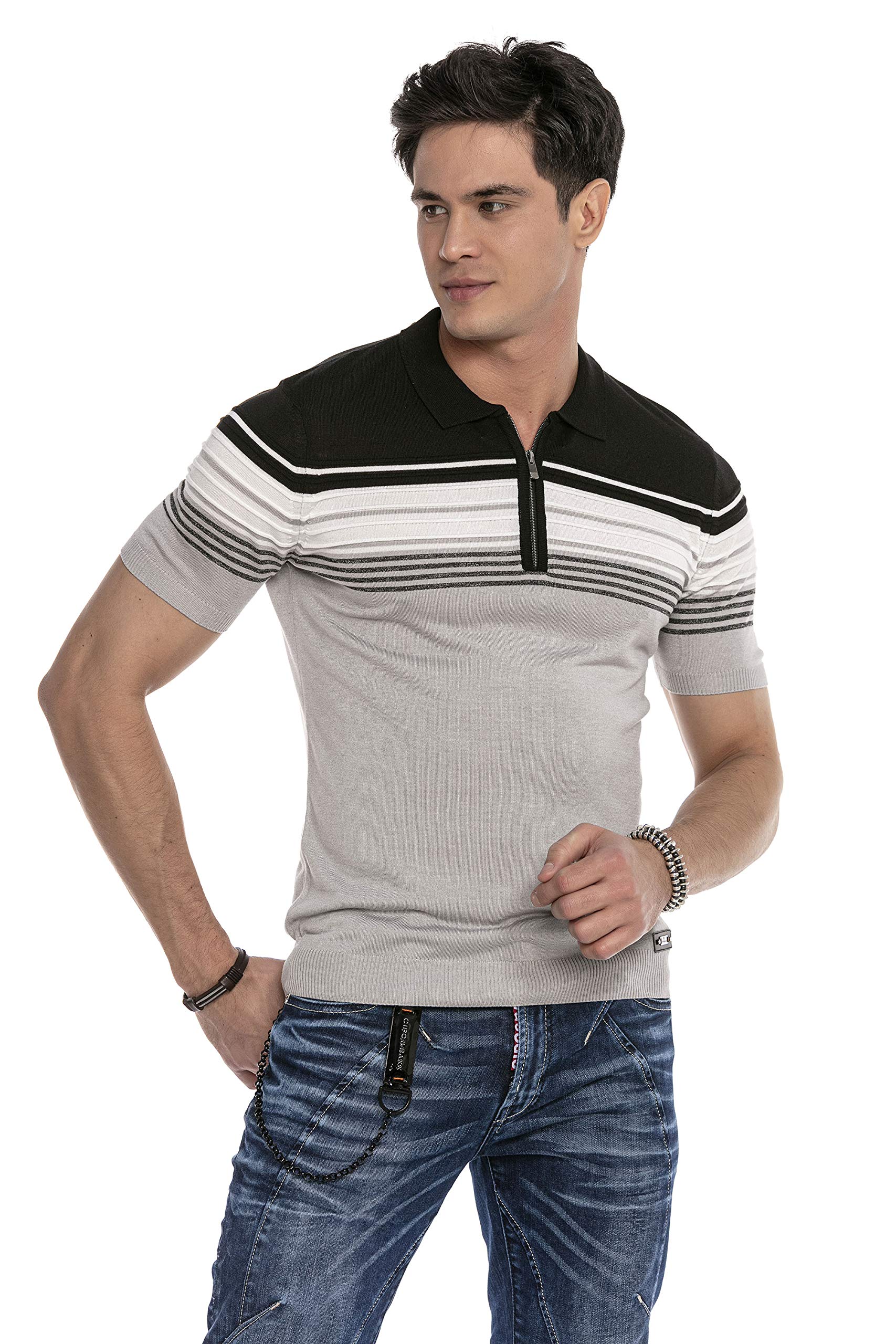 Cipo & Baxx Herren Poloshirt Hemd Freizeitshirt Sommer Kurzarm Regular Streifen T-Shirt Polo Shirt CT654 Grau S