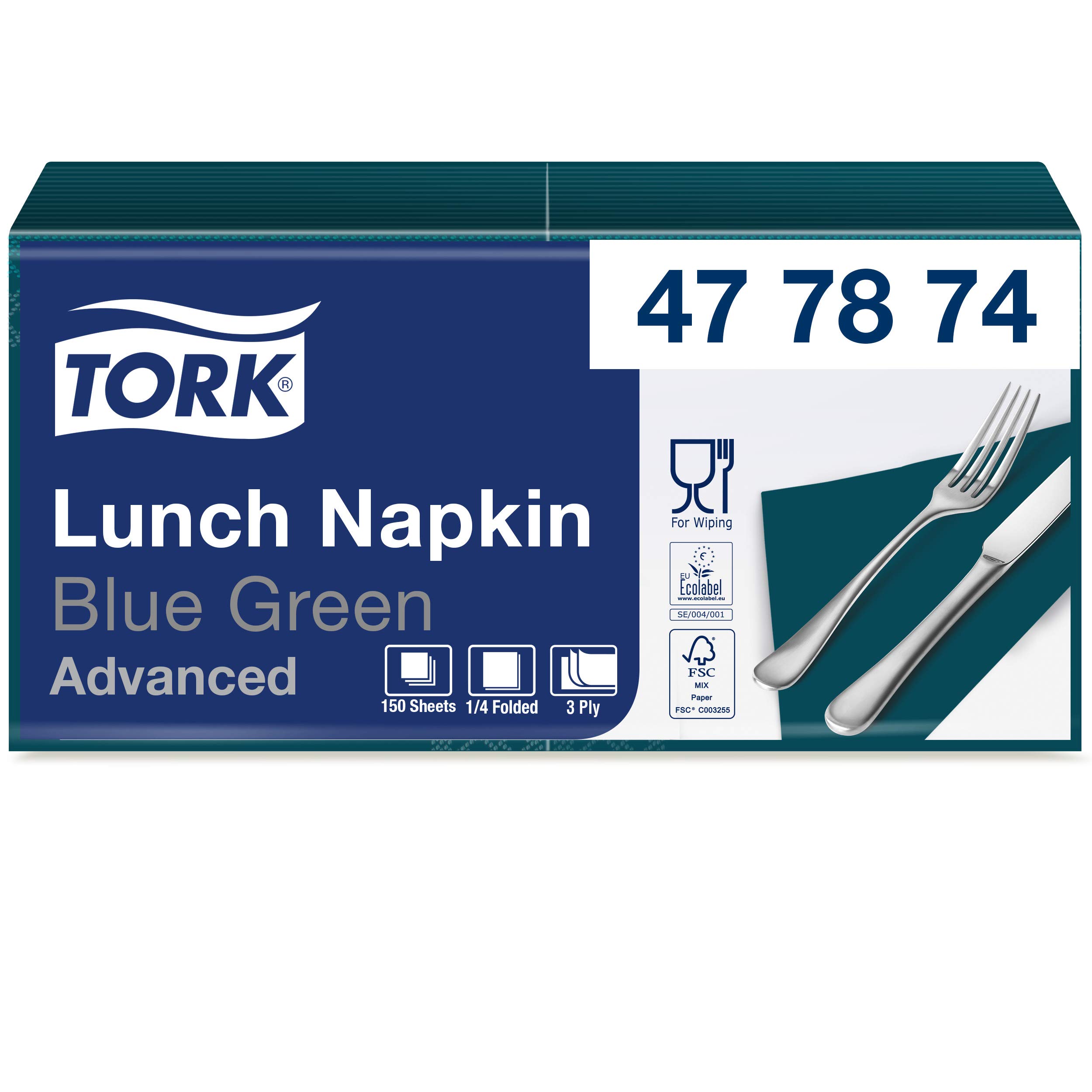 Tork 477874 Soft Lunchservietten Blaugrün / 3lagige, saugfähige Papierservietten Türkis / Vielfältig verwendbar / Advanced Qualität / 10 x 150 (1500) Servietten / 32,6 x 33 cm (B x L) / 1/4-Falz