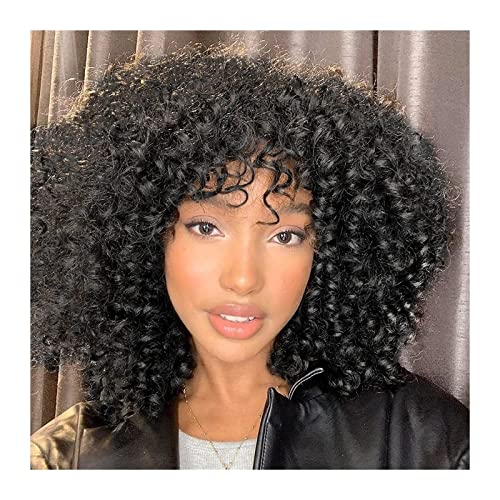 Haarteile 14-Zoll-Afro-Locken-Perücke for schwarze Frauen #1B Schwarze Afro-Bomben-Locken-Perücke mit Pony Hitzebeständige Synthetikfaser Glueless Kinky Curly Perücken Perücken