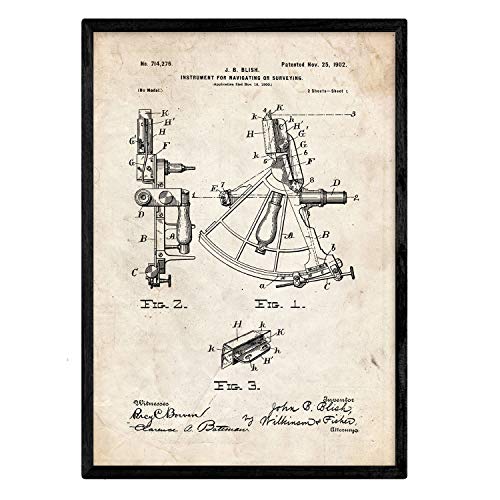 Nacnic Poster mit Patent zum Navigationsinstrument 1, Kunstdruck mit Antik-Patent in Größe A3, Vintage-Hintergrund, mit Rahmen