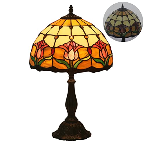 Uziqueif Vintage Tiffany Style Tischlampe W12 H19 Zoll, E27 Handcraft Sonnenblume/Tulpe/Rose Glasmalerei Lampenschirme Tischlampen für Schlafzimmer Wohnzimmer Nachttischlampe Office,Tulip