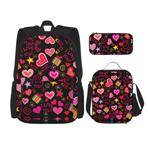 WURTON Schulrucksack-Set mit mehreren Symbolen, 3-in-1, Büchertasche, Set mit Lunchbox, Federmäppchen, Reise, Laptop, Tagesrucksack