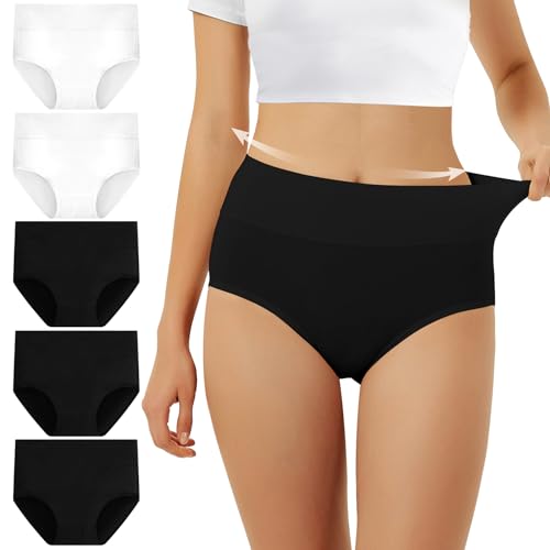 FALARY Bauchweg Unterhose Damen Unterhosen Damen Unterwäsche Baumwolle 5er Pack Slip Hohe Taille Unterhose Taillenslip Sportunterhosen für Damen L Schwarz Weiß