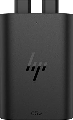 HP 65 W GaN USB-C-Laptop-Ladegerät | 2 x USB-C Anschlüsse | 75 x 53 x 22 mm (B x T x H) | 110 g | Galliumnitrid (GaN) | 65 W | Schwarz