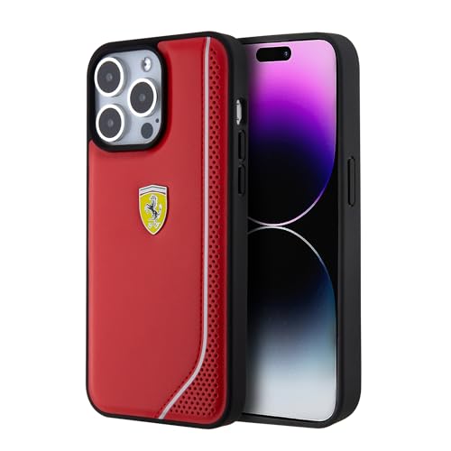 CG MOBILE Ferrari Kompatibel mit iPhone 15 Pro Max Hülle Rot mit Reflektierender Linie, PU Leder, Anti-Kratzer, Glatte Schutzhülle mit Easy Snap-on, Stoßdämpfung & Signature Logo