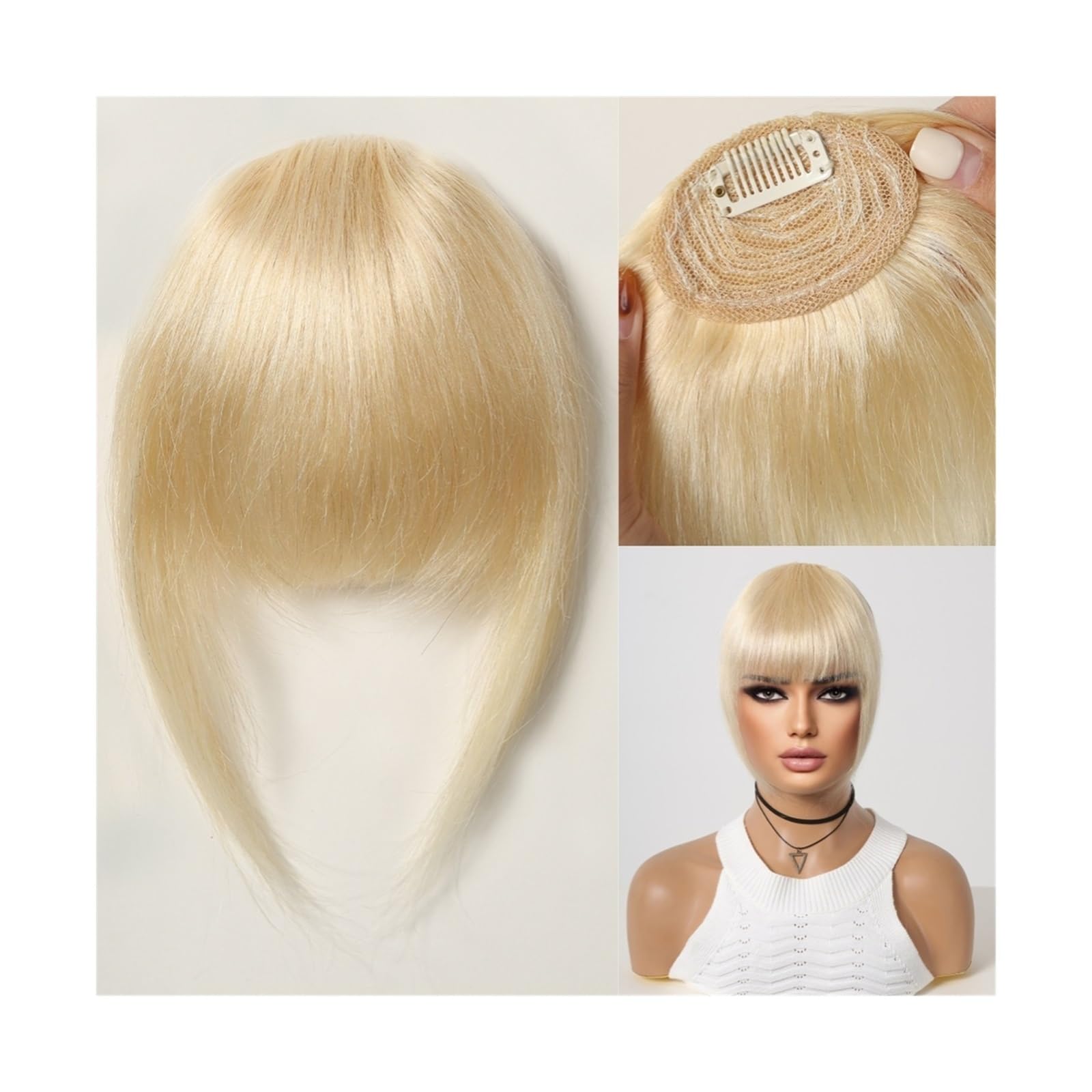 Pony Extension für Damen 100% Echthaar-Pony, natürlicher dunkelbrauner französischer Pony, Haarspange mit Fransen und Schläfen, Haarteil for Frauen, Clip-on-Air-Bang Fringe Bangs(005-5)