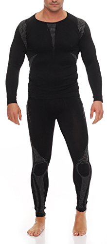 1x Set Funktionsunterwäsche Herren Gr. S/M schwarz/grau Thermo-Unterhose und Thermounterhemd innen angeraut Langarm unterzieh pullover körperwärme kontrolle wintersport ganzjahres kleidung