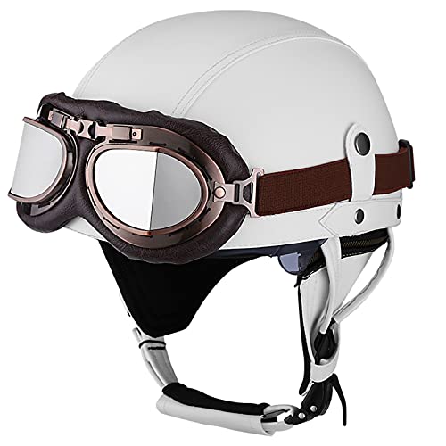 BGMKE Leder Motorrad Vintage Halbhelme ECE Zertifizierung Retro Jethelm Mit Schutzbrille Erwachsene Halbschalenhelm Für Herren Damen Cruiser Scooter Halboffener Helm Retro Brain-Cap Helm