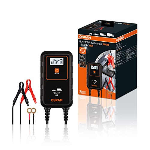 OSRAM BATTERYcharge 908, KFZ-Batteriewartungsgerät 12V & 24V, mobiles KFZ Batterieladegerät für PKW, Motorrad, SUV, Van, Kleinlaster